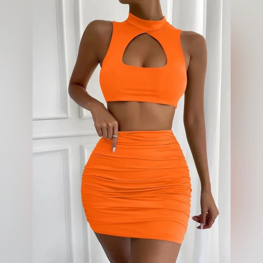 Cutout Crop Top and Ruched Mini Skirt Set - Vibrant Orange - Picture 5 of 5